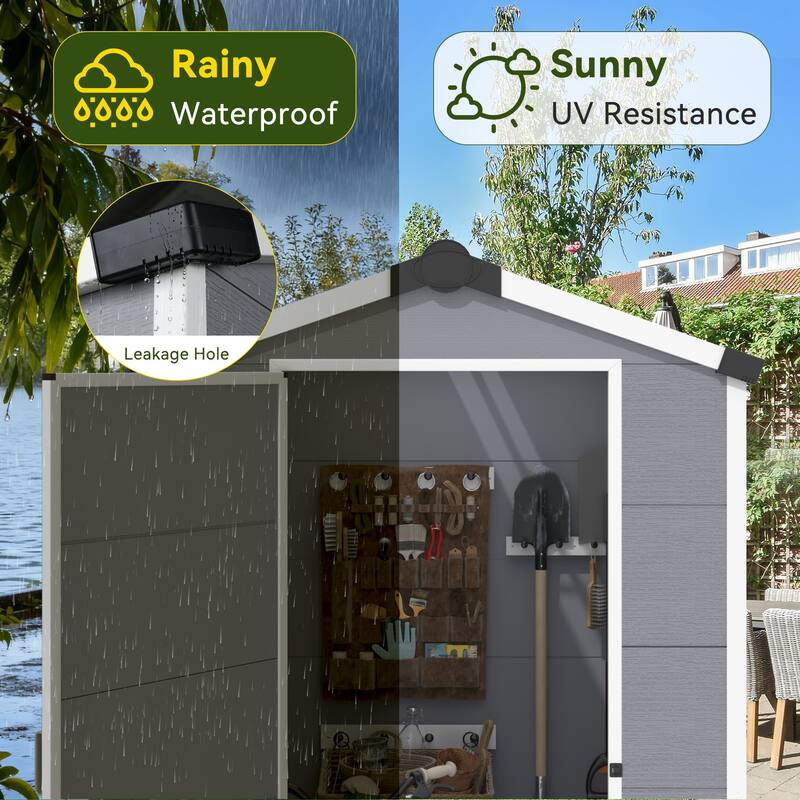 EROMMY Outdoor Storage Shed with Built-In Floor, Lockable Double Doors & Sloped Roof, Gray/Black