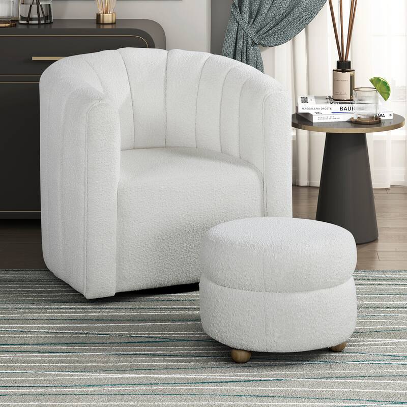 Arden 31" Boucle Swivel Chair with Ottoman - Solid Wood Legs