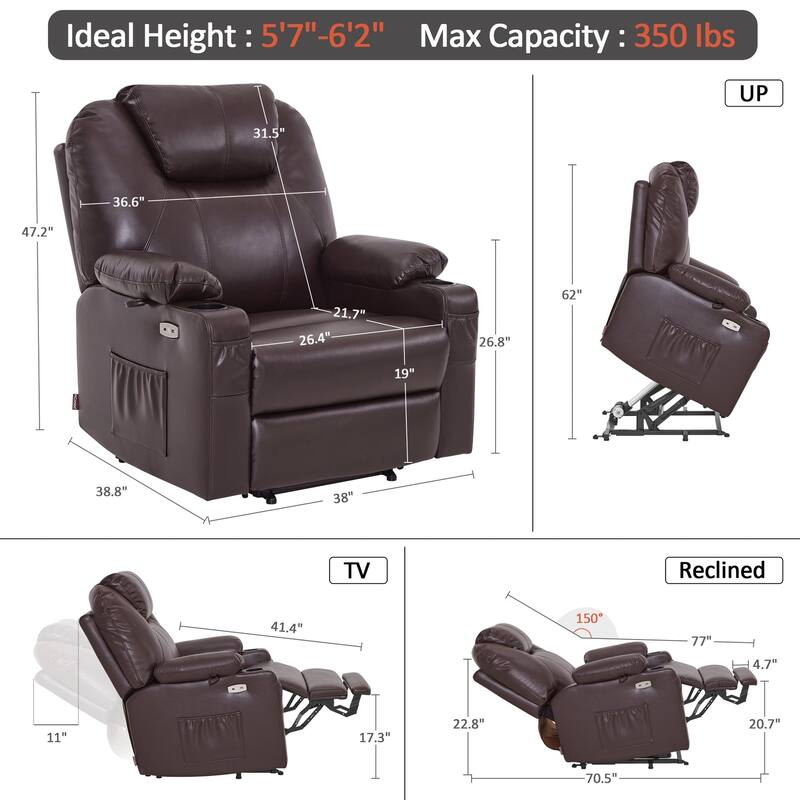 MCombo Large-Wide Power Lift Recliner Chair Sofa with Massage and Heat for Elderly People, Faux Leather R7510