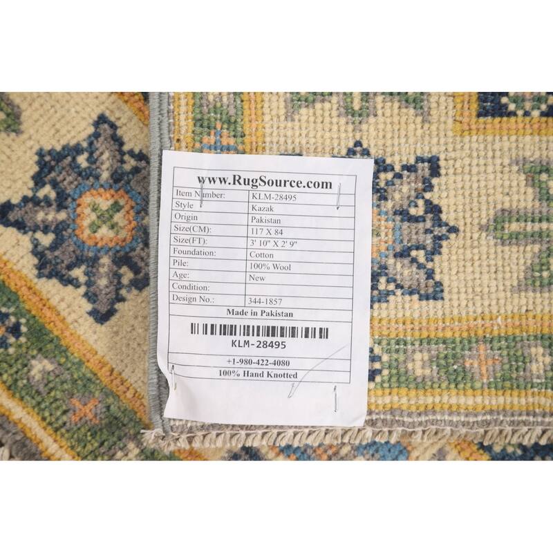 Gray Geometric Kazak Oriental Accent Rug Handmade Wool Carpet - 2'9" x 3'10"