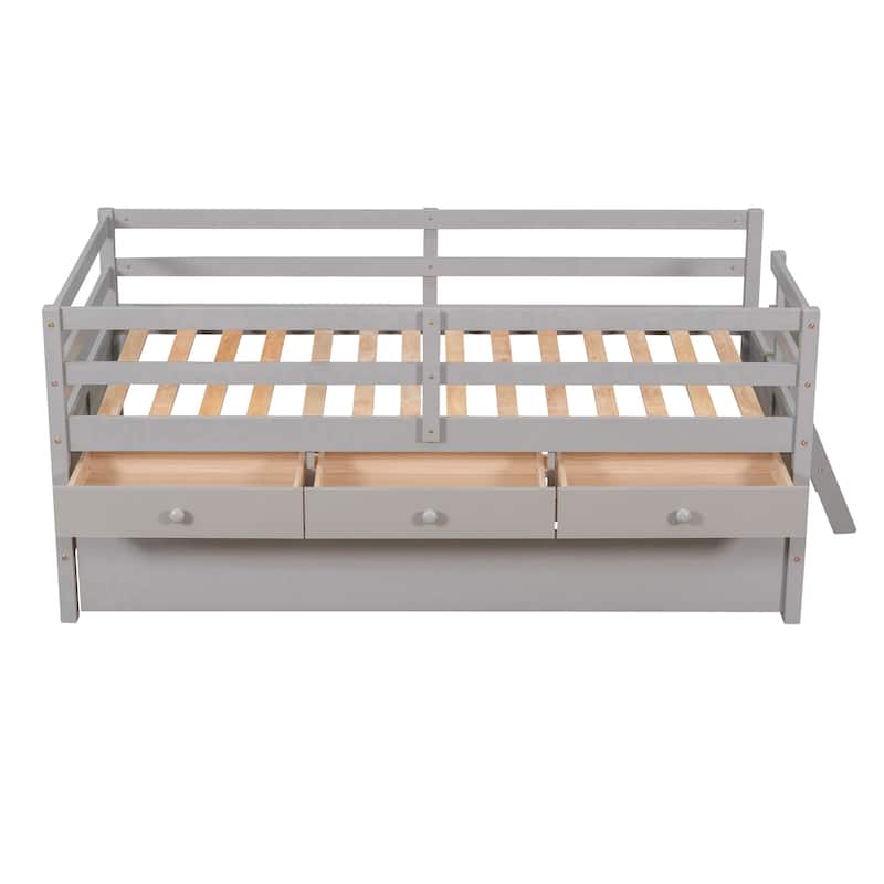 Solid Wood Low Bed with Full Safety Fence, Climbing ladder,Storage Drawers and Trundle