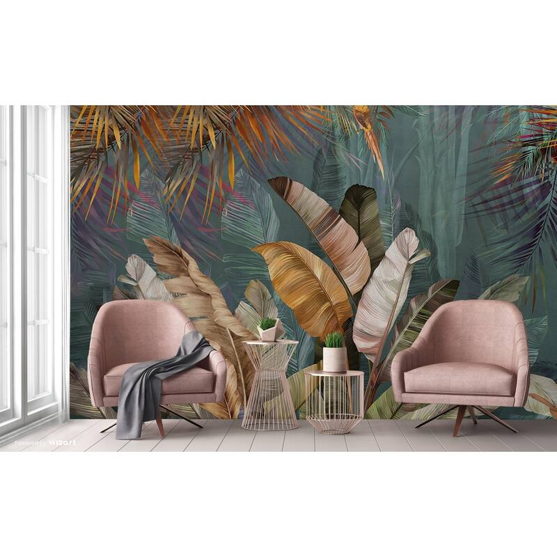 Lush Tropical Forest Mural with Vibrant Palms and Parrot