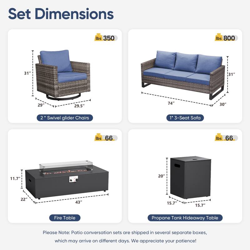 Pocassy 5 Piece Ptio Sofa Swivel Chair with Fire Pit Table