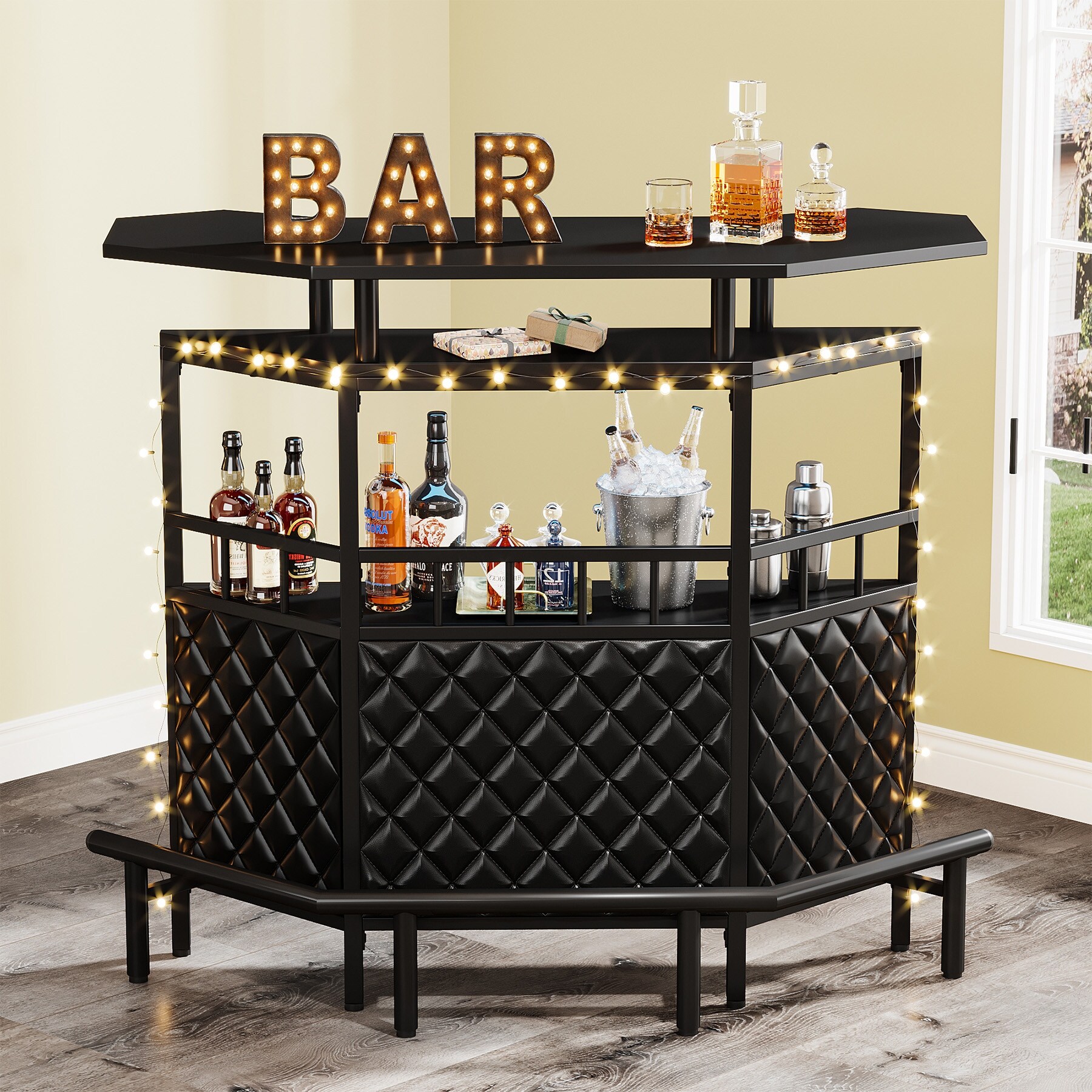 Home Bar Cabinet Mini Bar Table with Storage Shelves and Footrest Wine Glass Holder for Home Kitchen Bar Pub