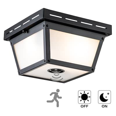 C Cattleya 2-Light Motion Sensor Outdoor Flush Mount Ceiling Light with White Textured Glass