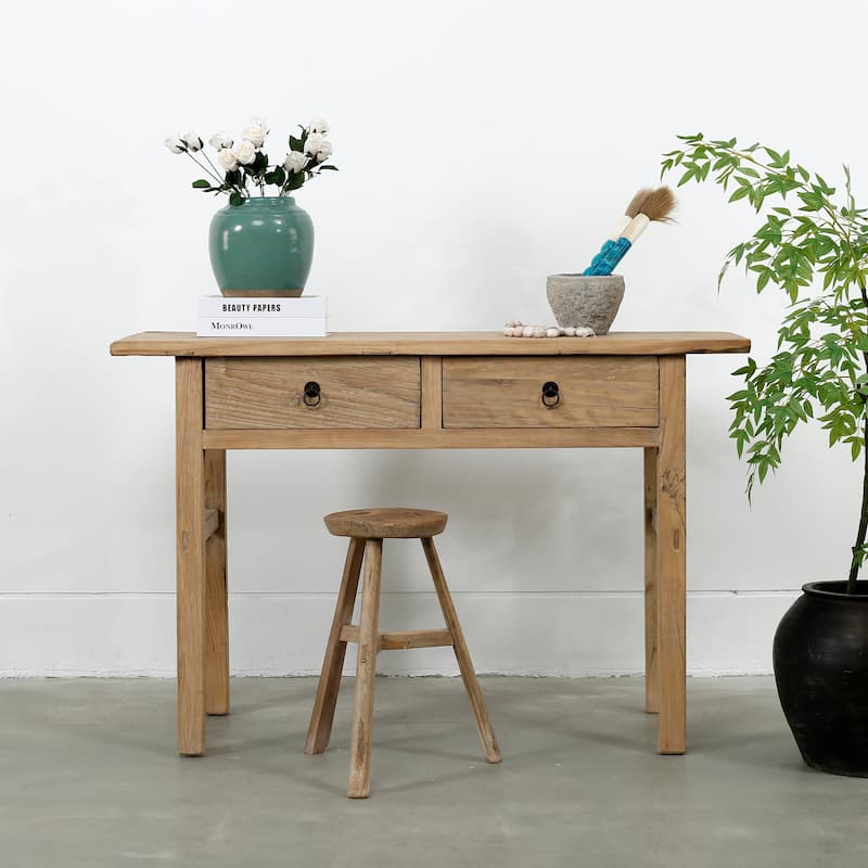 Artissance 51"Rustic Elmwood Console With Two Drawers Weathered Natural Wood