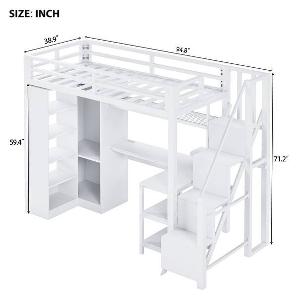 Metal Full Loft Bed With Desk, USB Ports, 5-Layer Shelf, Wardrobe And Stepped Stairs, White