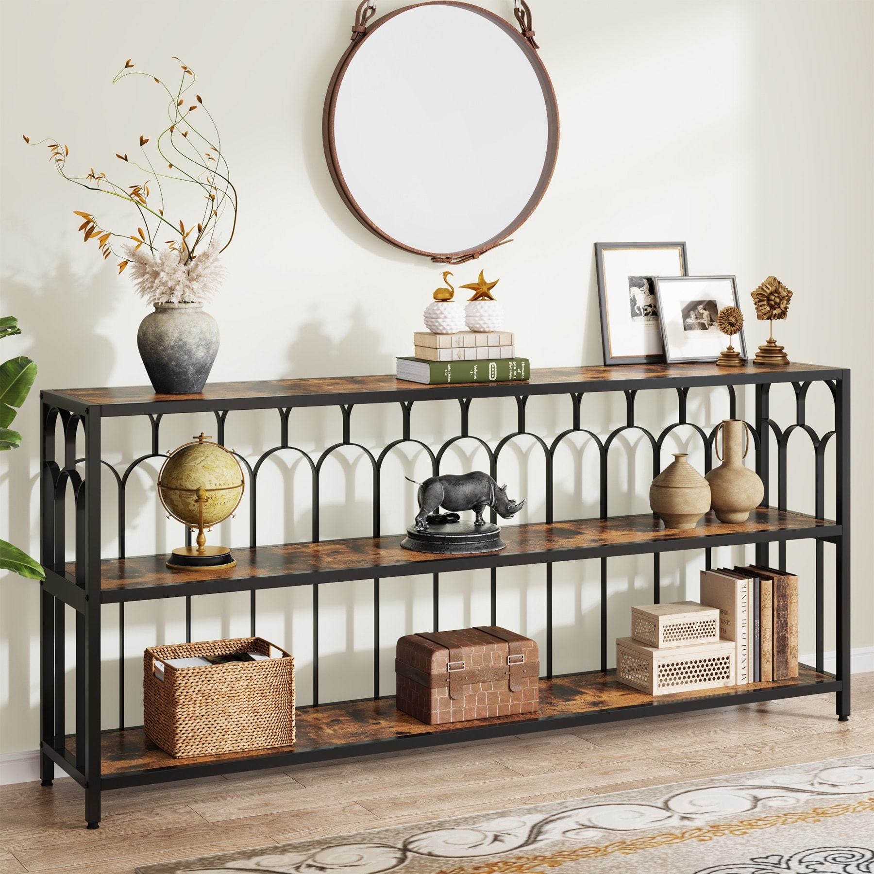 Long Console Table, 3-Tier Sofa Table with Shelves