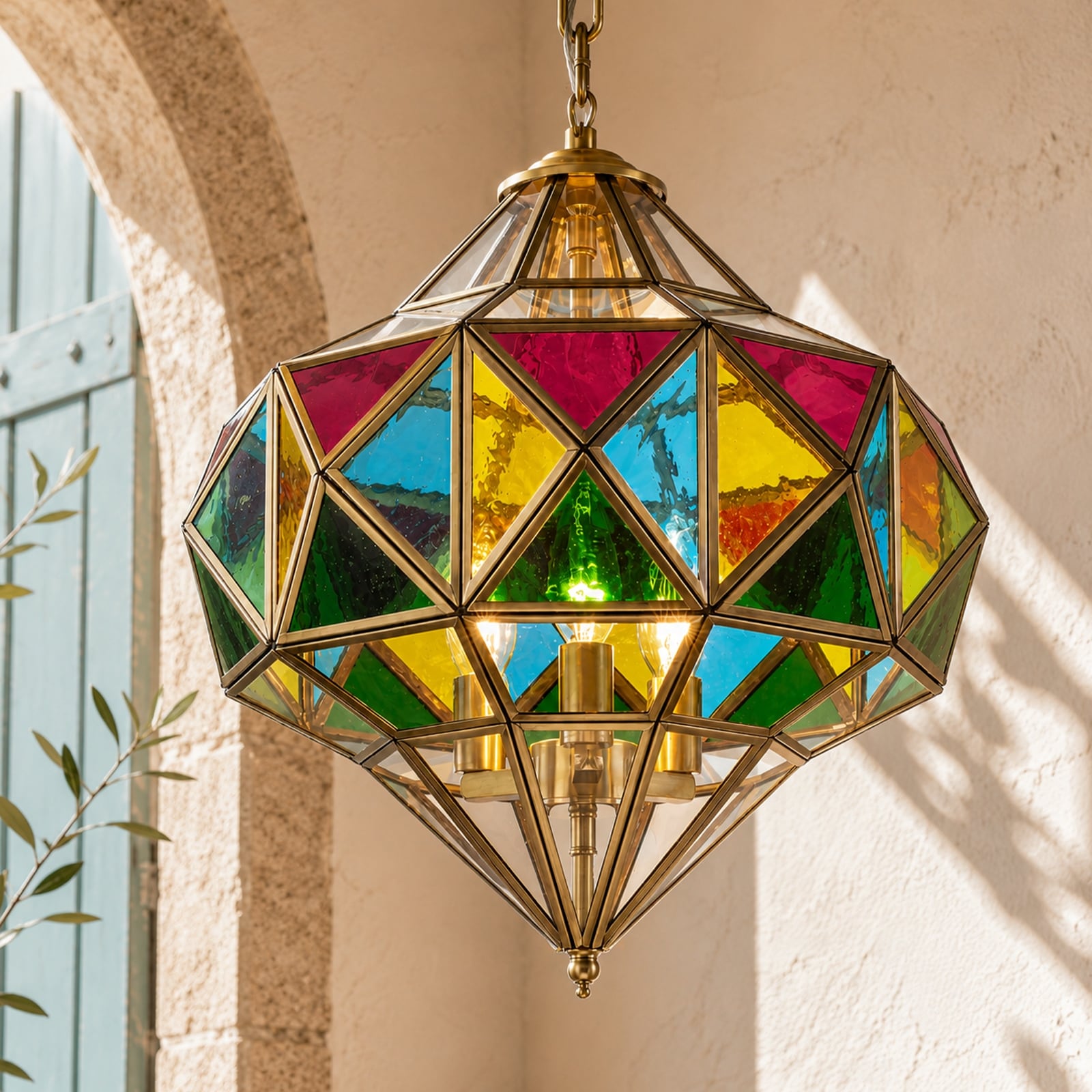 Rennnsan 3-Light Vintage Brass Stained Glass Diamond Pendant Light for Boho Dining & Entryway - 15 in. W x 16.1 in. H