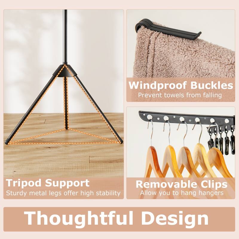 3-Tier Tripod Freestanding Folding Clothes Drying Rack with 24 Clips-Black - Multi