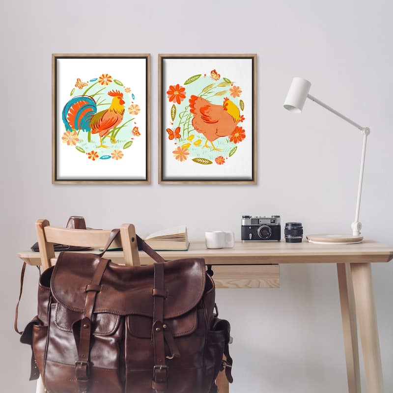 Stupell Rooster & Hen with Florals Framed Floater Canvas Wall Art Design By Hannah Moren (Set of 2)