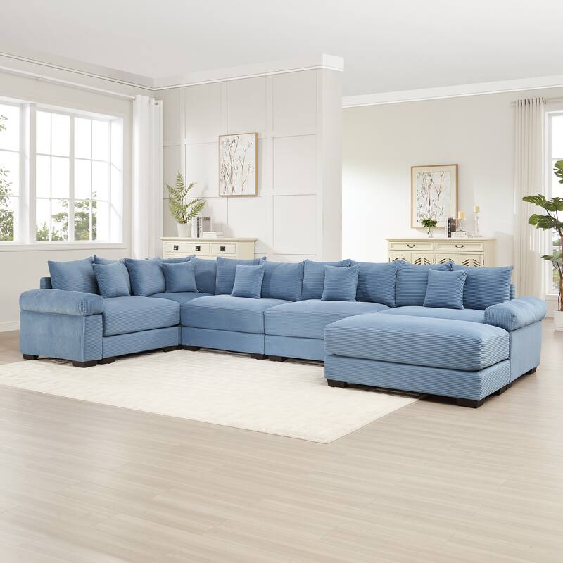 5-Seat Convertible Cloud Corduroy Modular Sofa with 16 Throw Pillows