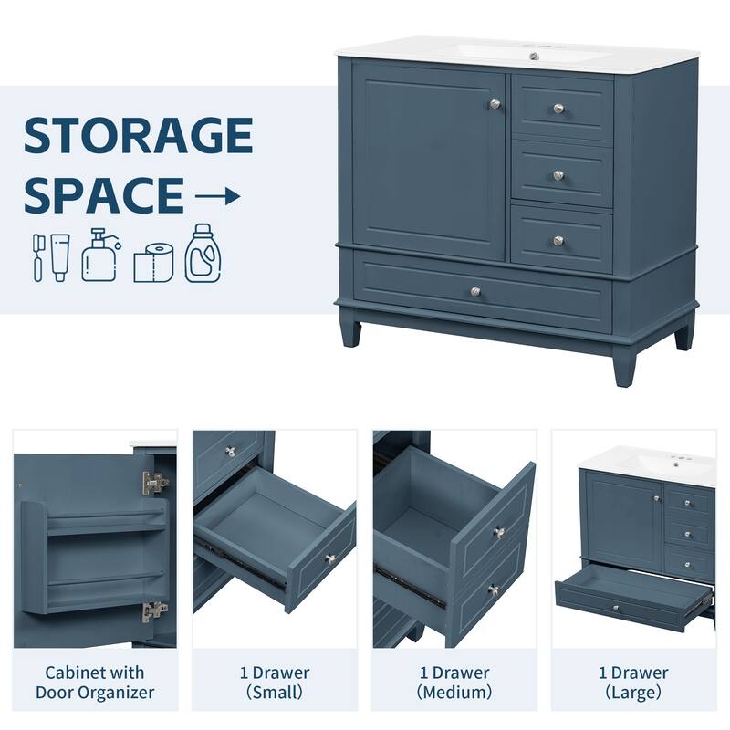 36" Bathroom Vanity with Top Sink, Modern Bathroom Storage Cabinet with 2 Drawers and a Tip-out Drawer, Single Sink