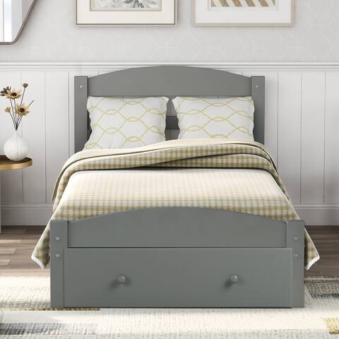Twin Platform Bed with Storage Drawer&Wood Slat Support, No Box Spring Needed, Grey