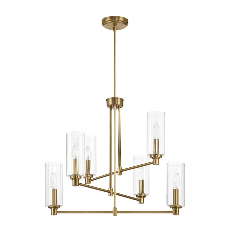 Timeless Six Lights Chandelier With Clear Ribbed Glass - Satin Brass - Antique Brass,Clear,Gold