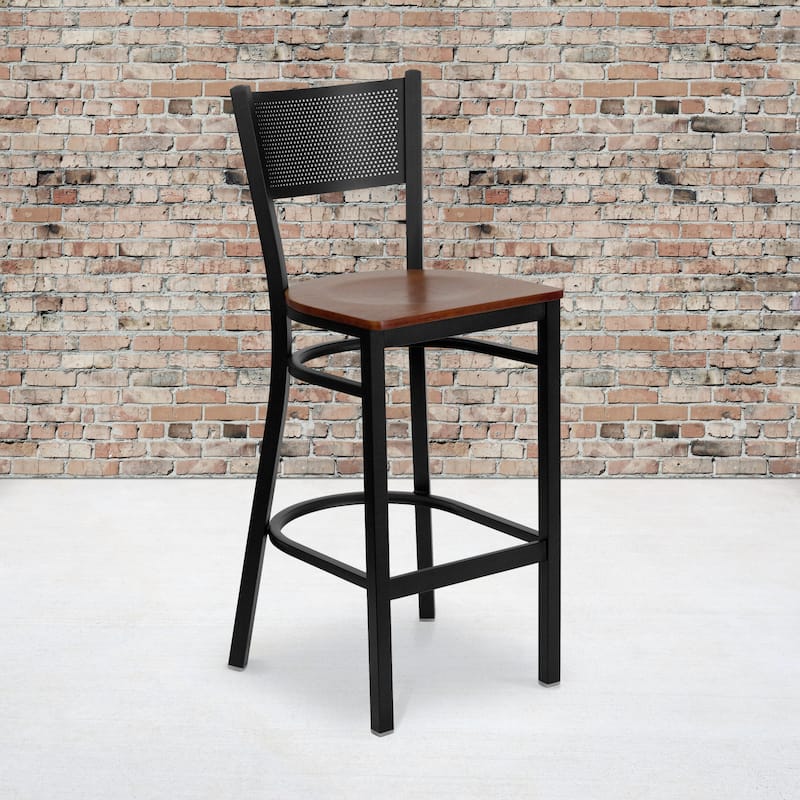 Black Grid Back Metal Restaurant Barstool - 19"W x 19.5"D x 42.25"H