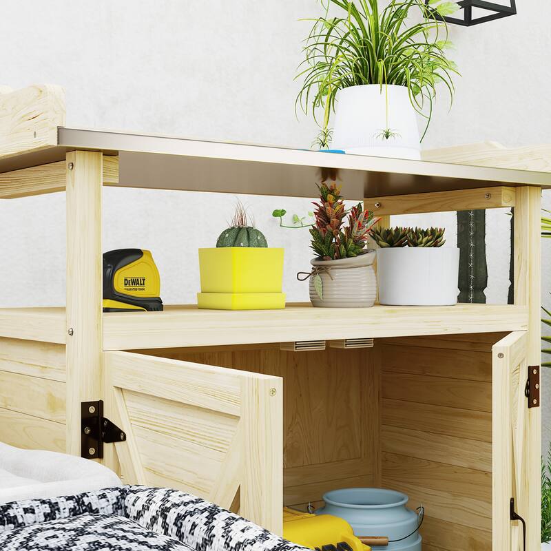 Outsunny Outdoor Potting Bench, Wooden Potting Table with Storage Cabinet, Aluminum Table Top, Rubber Wheels