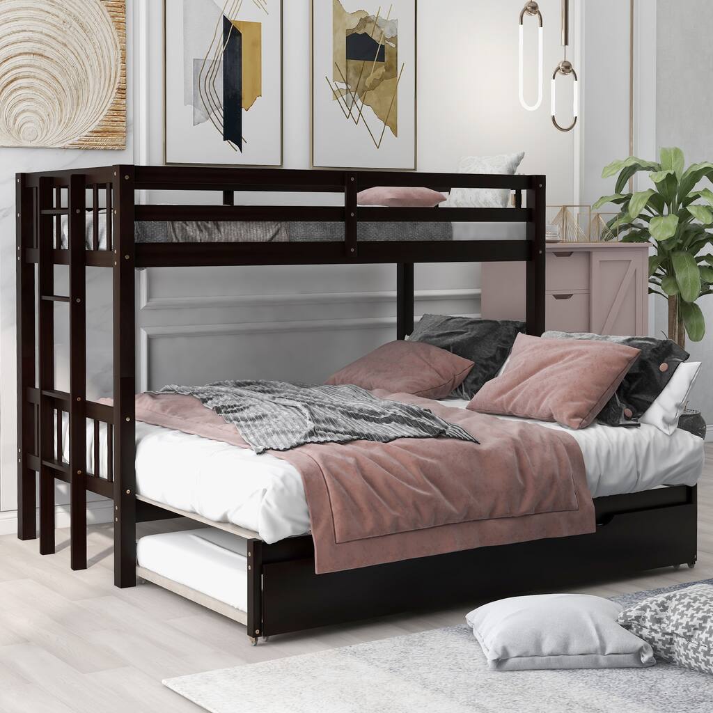 Twin Over Twin Pull-Out Bunk Bed, Solid Wood Bunkbe with Trundle