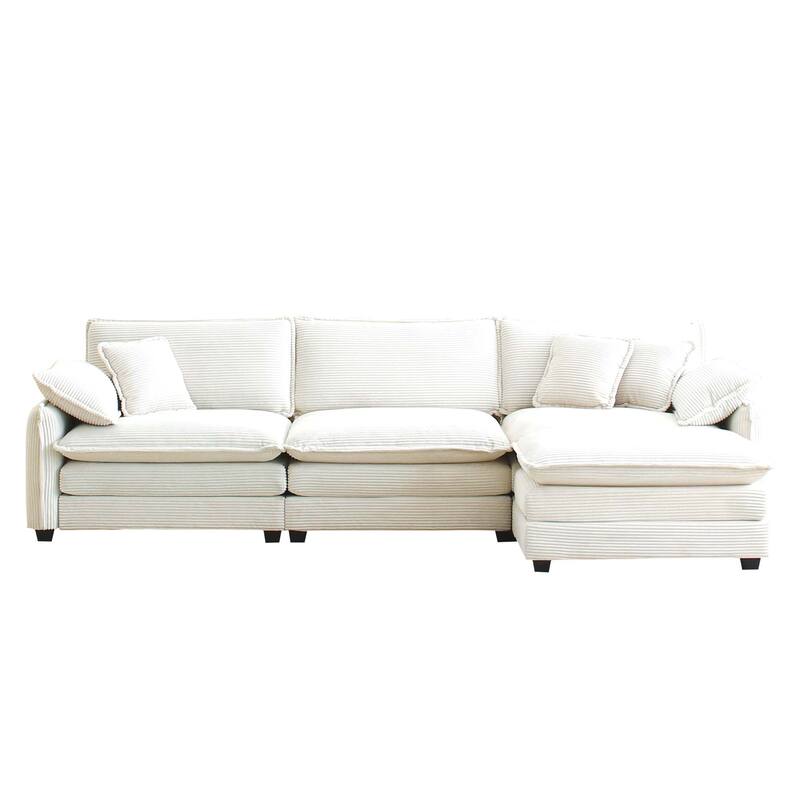 Beige 4-Piece Corduroy L-Shaped Modular Sectional Sofa, Removable Ottoman & 5 Pillows