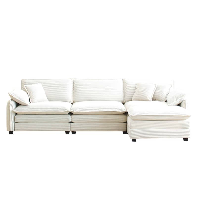 Beige 4-Piece Corduroy L-Shaped Modular Sectional Sofa with Ottoman & 5 Pillows