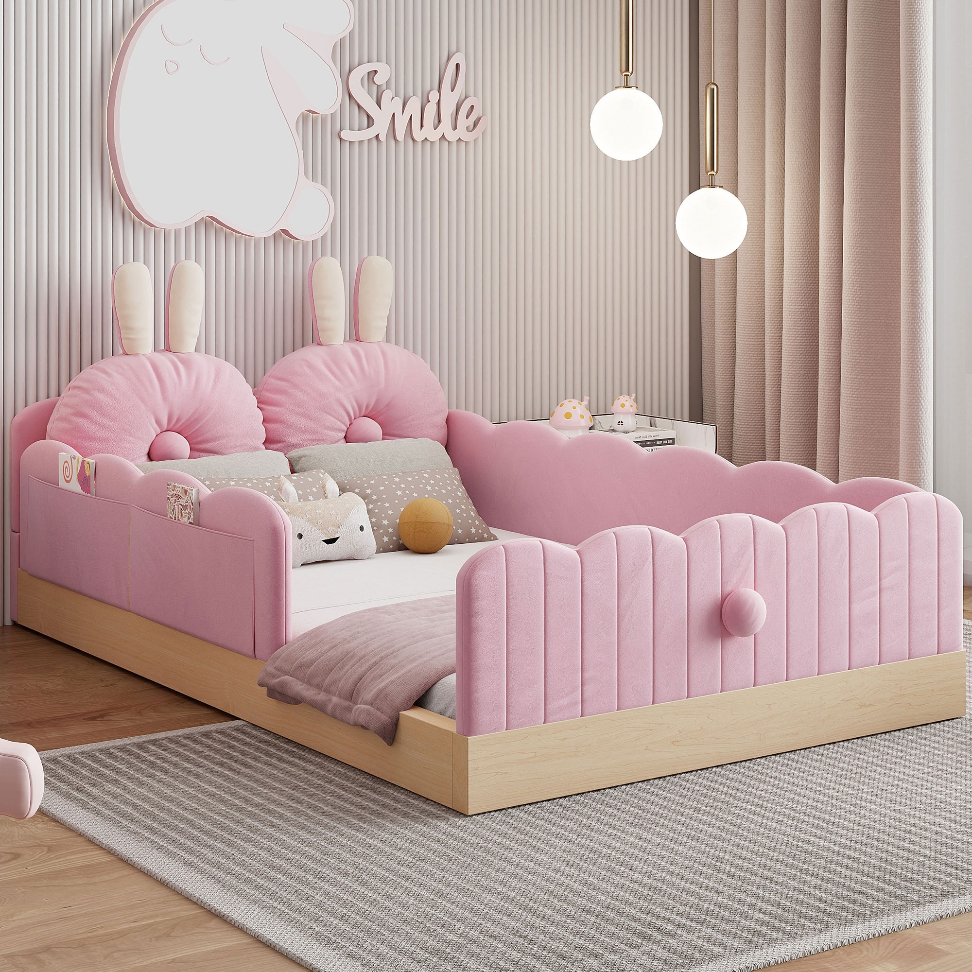 Twin Size Upholstered Bed with Bunny Ear Shape Pillows and Rabbit Tail Footboard, Storage Bags, Wave Frame Platform Bed