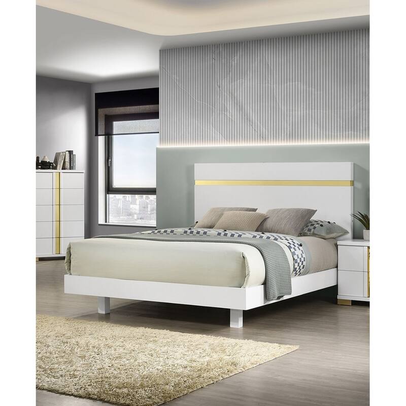 Queen Size Modern LED Bed with Acrylic Trim, Mattress Ready, White Finish