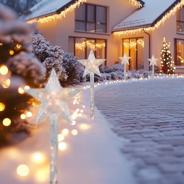 slide 2 of 5, 4ct Lighted Star Christmas Pathway Marker with Lawn Stakes White Wire - Clear Lights - 26"