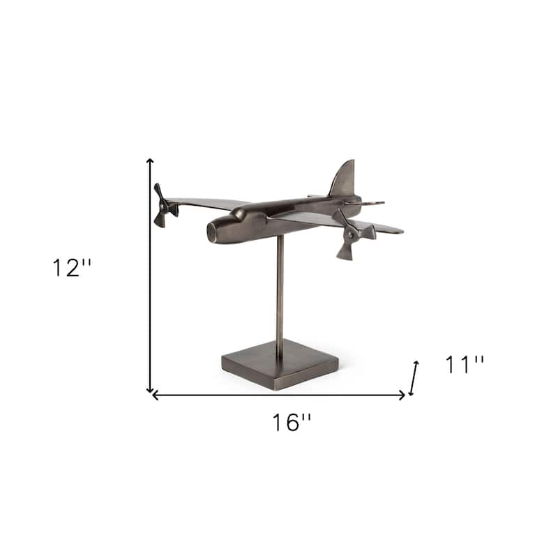 HomeRoots 11" Dark Gray Metal Airplane Bomber Tabletop Sculpture - 16.00 in. x 11.00 in. x 12.00 in.