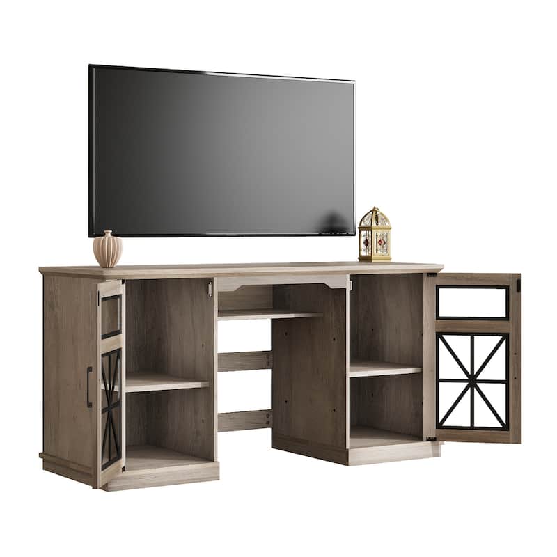 Moasis Farmhouse TV Stand Media Entertainment Console with Glass Doors Fits for 24" Fireplace TVs up to 65'' - Without Fireplace - Grey - Without Fireplace