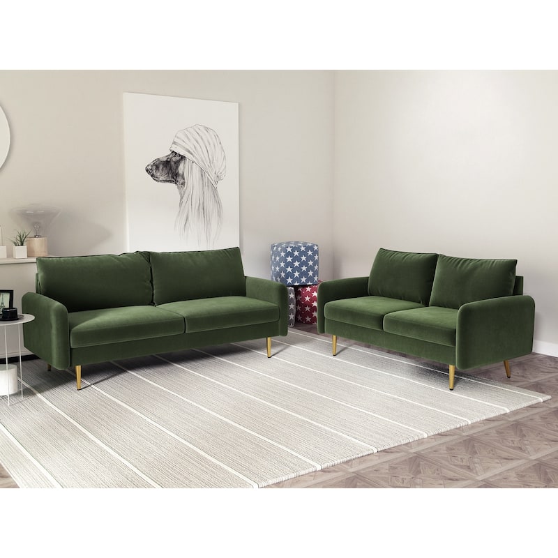 Velvet 2 Piece Loveseat and Sofa Living Room Set - Army Green - 2 Piece