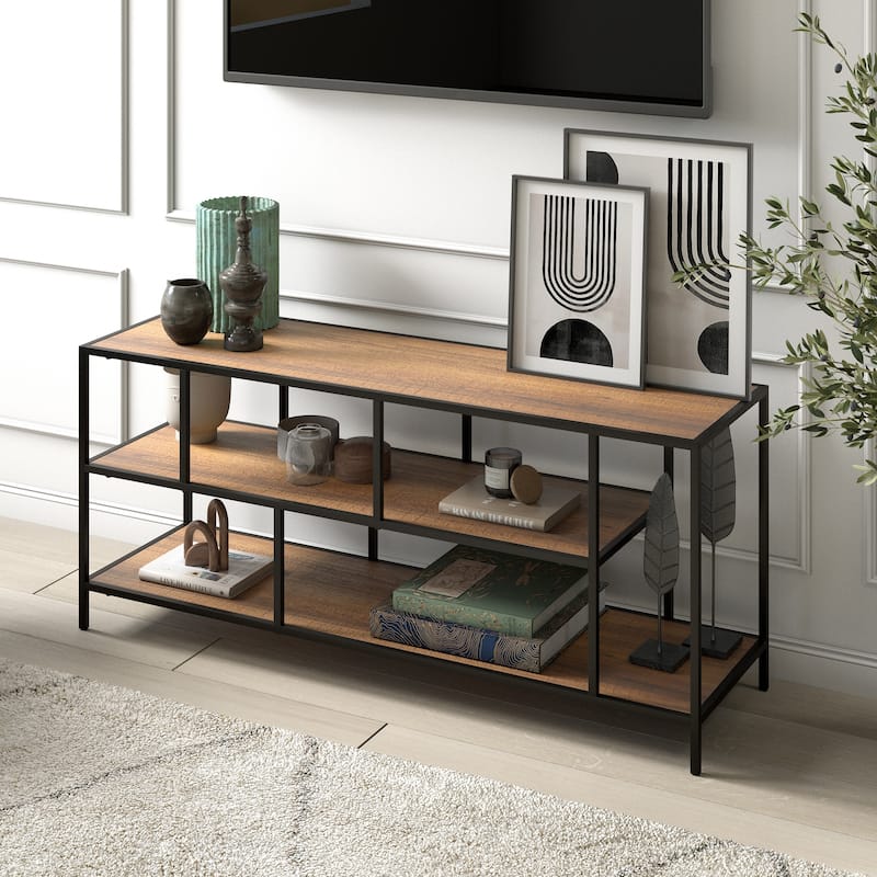 Winthrop TV Console - 55" Blackened Bronze with Rustic Oak Shelves