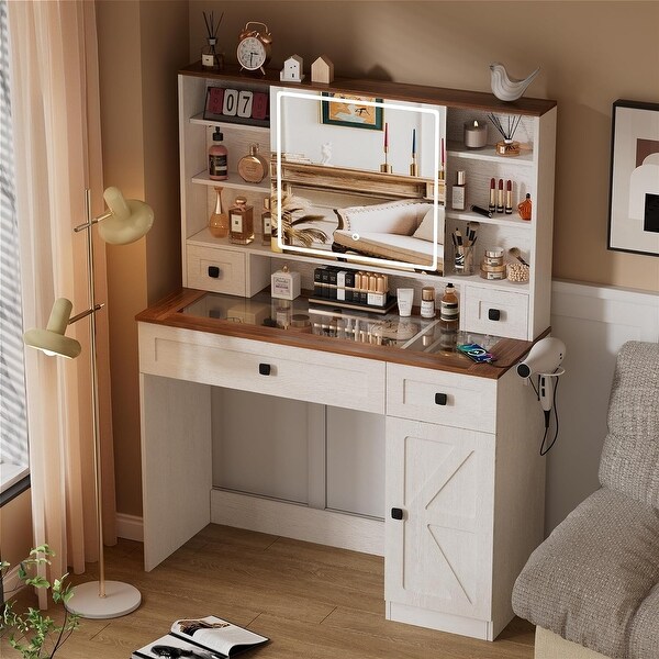Farmhouse Vanity Desk with Sliding Lighted Mirror Glass Tabletop On Sale Bed Bath Beyond 39688256