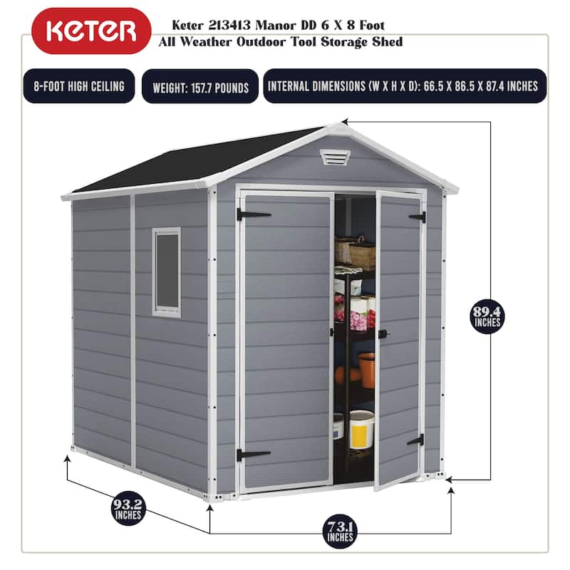 Keter 213413 Manor 6 X 8 Foot Resin All Weather Outdoor Tool Storage Shed, Grey - 157.7