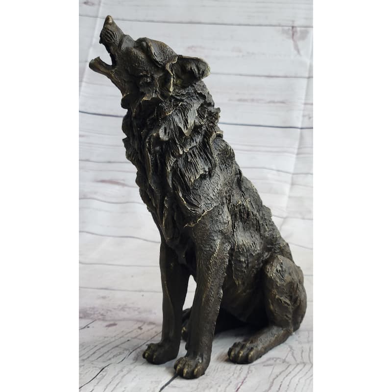 Wolf Howling At The Moon Bronze Statue Sculpture Figurine Signed Art 11 Inches X 12 Inches