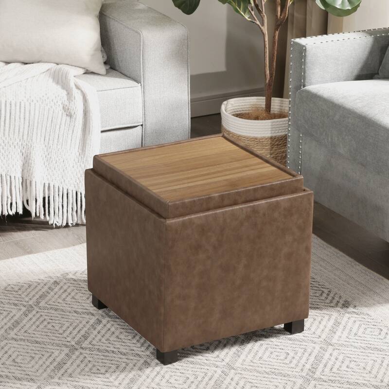 Adeco Storage Ottoman With Tray - Brown-with-Wooden-Tray