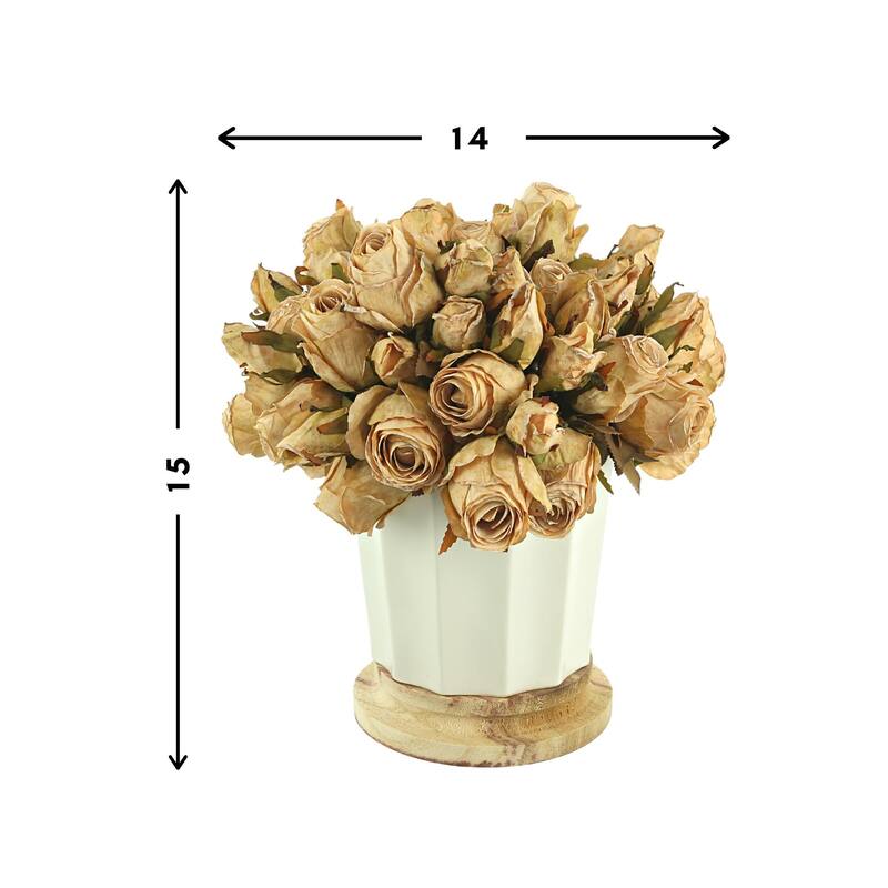 Dried Rose Bundle in a Ceramic Pot with Wooden Base - Cream, White