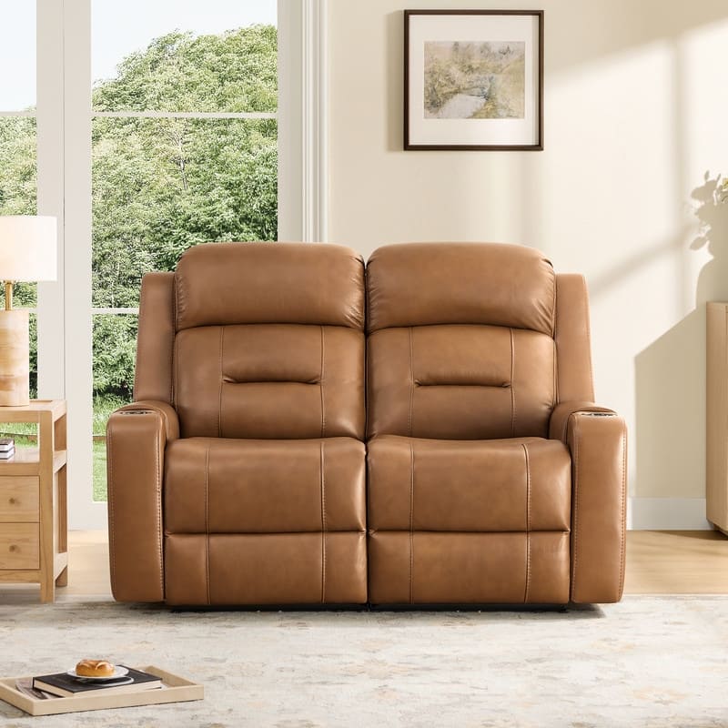 Spruce & Spring Genuine Leather Power Reclining Sofa with Wireless Charging - 2PC - Saddle