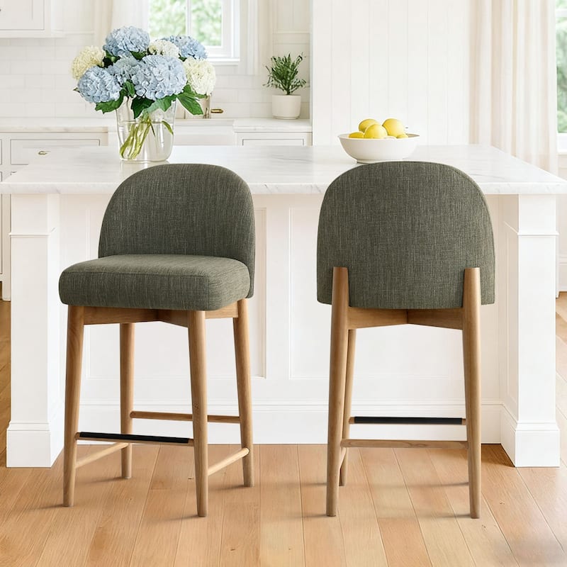 Upholstered Counter Stool With Solid Wood Legs (Set of 2) - Green