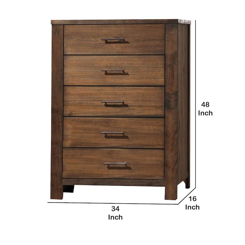 5 Drawer Wooden Chest with Metal Bar Handles and Block Legs, Brown