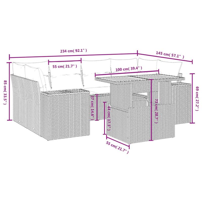 vidaXL Patio Sofa Set with Cushions Modular Lounge Sofas 7 Piece Poly Rattan - 21.7 x 39.4 x 28.7