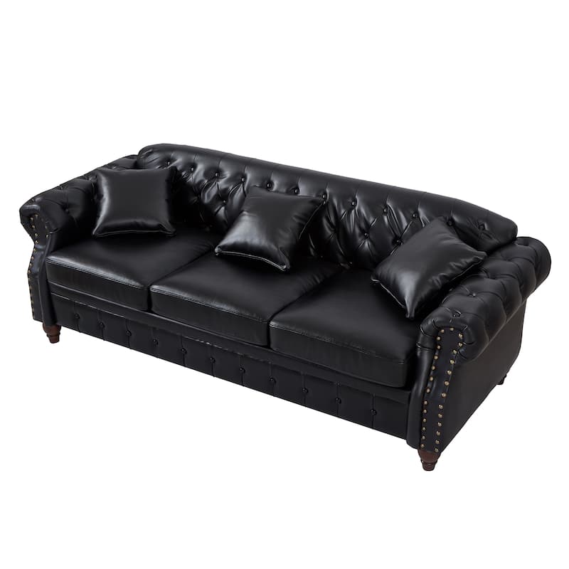 Chesterfield Sofa Classic Tufted Technical Leather Lounge Couch with Hidden Storage, Nailhead Trim and Pillows, for Living Room