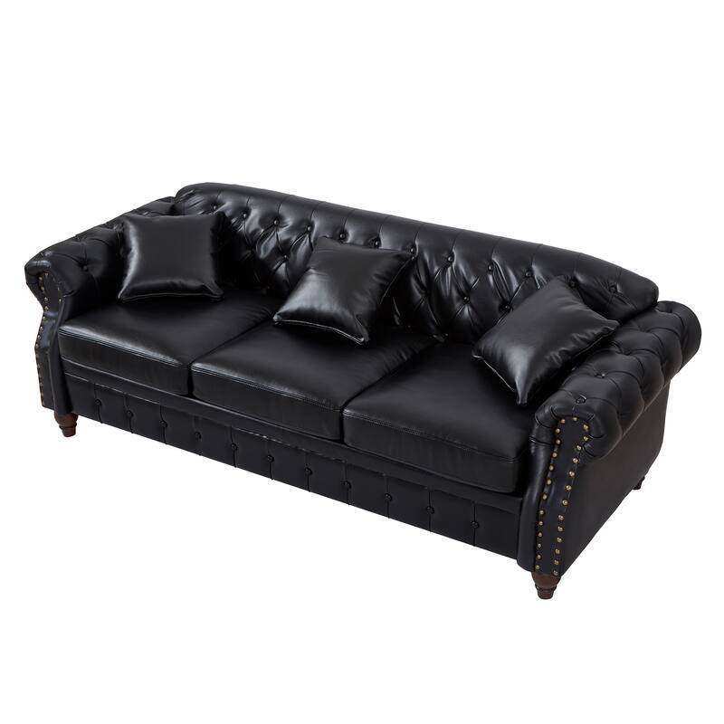 Faux Leather Upholstered Sofa with Storage, Chesterfield Tufted 3 Seater Sofa, Sofa Chair with Rolled Arms & Solid Wood Legs