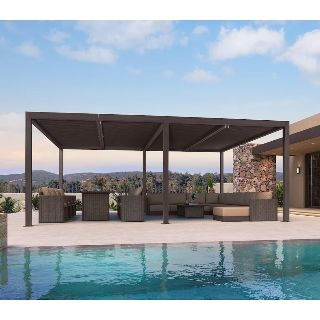 PURPLE LEAF Bronze Louvered Pergola with Adjustable Roof for Deck Backyard Garden Hardtop Gazebo
