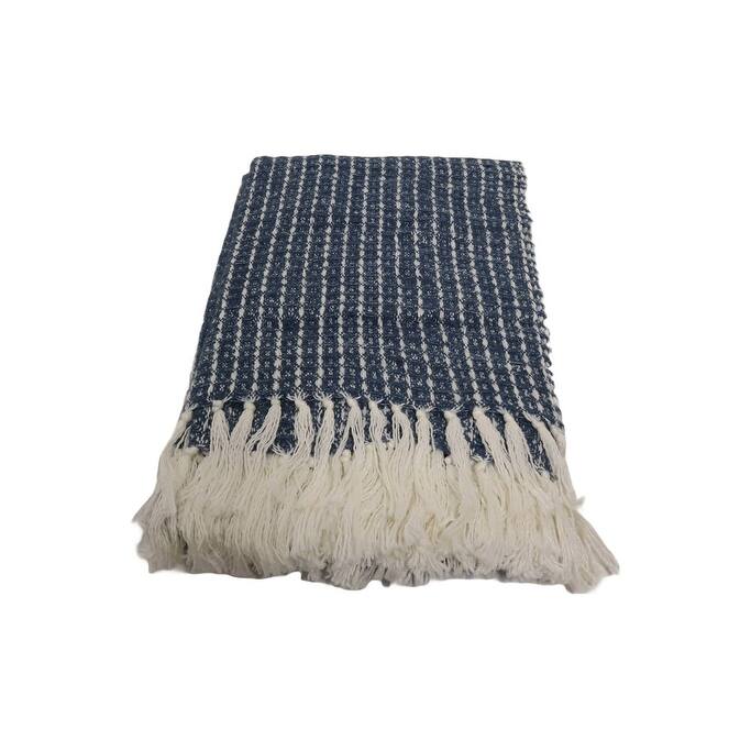 Home&Manor Handcrafted Wool & Cotton Throw Blanket Blue