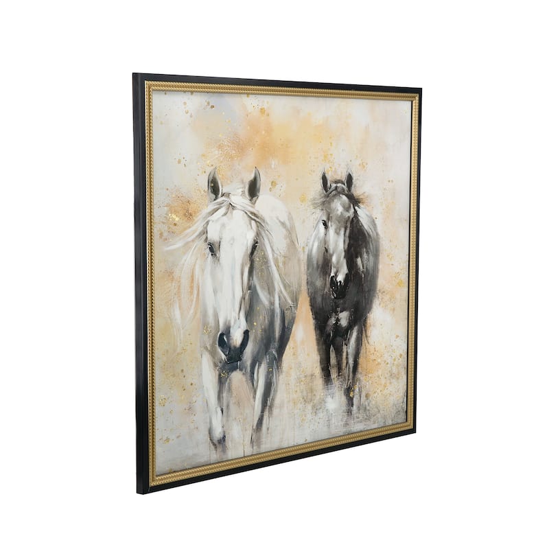 39.4x39.4" Realistic Hand-Painted White and Black Horse Canvas Art with Beige Backdrop