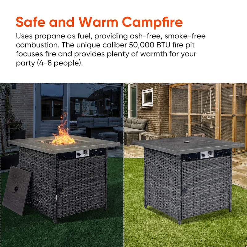 Gymojoy Outdoor Wicker 3-Seat Sofa with Fire Pit Table Swivel Chiar Table