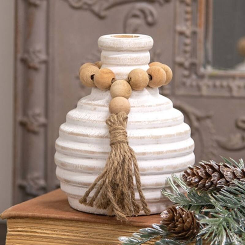 White Wooden Beaded Athens Vase Distressed Accent