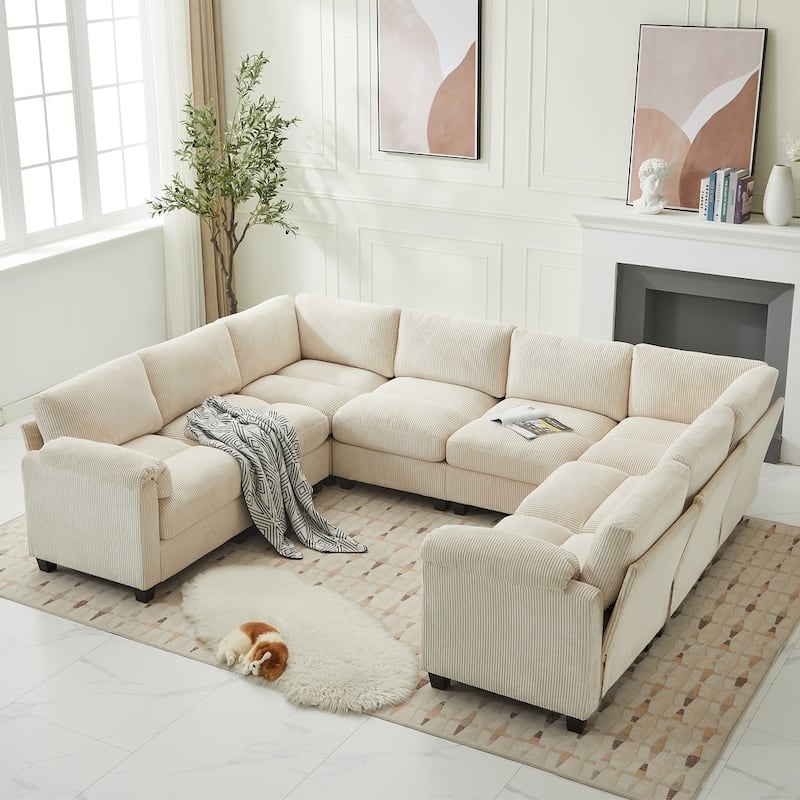 Modern Couduroy Overized Modular Sectional Sofa Couch with Ottoman for Living Room - Beige/U-Shaped Sofa - Symmetrical