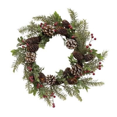 Frosty Cedar Pinecone & Red Berry Wreath - Green