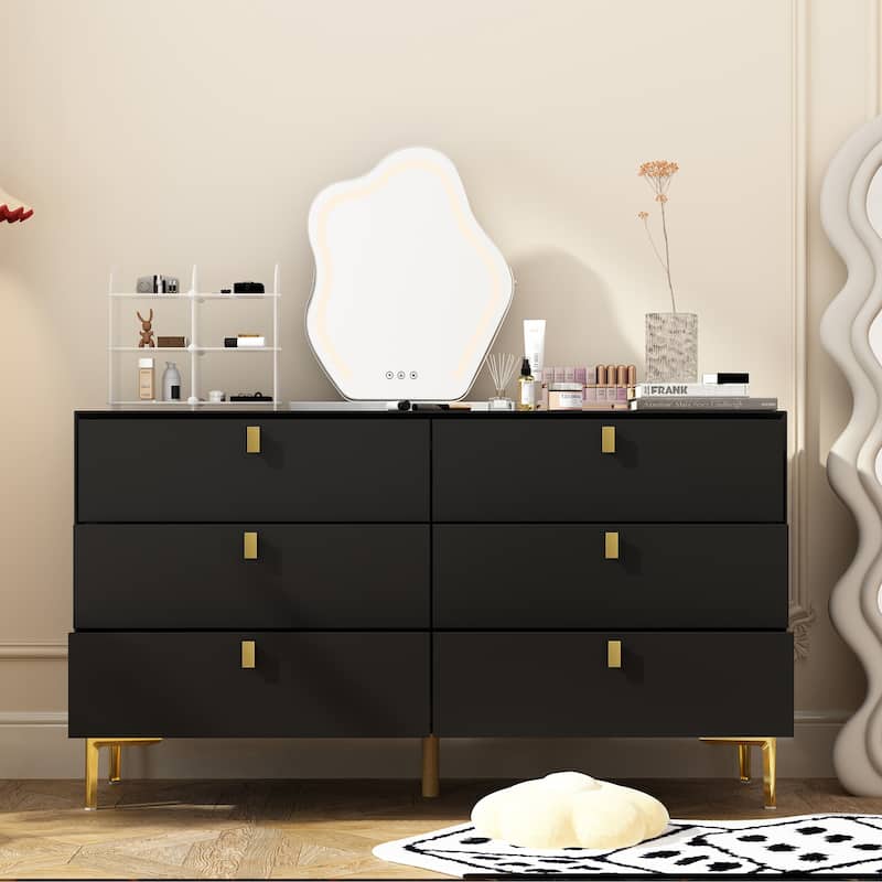 Dresser 6 Drawer Wood Dresser for Bedroom with Storage Modern Gold - Black